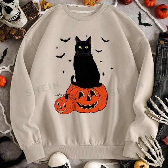 New Plus Halloween Black Cat Orange Pumpkin Print Thermal Lined Cream Sweatshirt - Picture 11 of 11